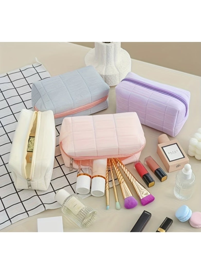 Light Blue Soft Quilted Makeup Bag with Pink Zipper – Large Capacity Plush Cosmetic & Toiletry Organizer | Portable Travel Storage Pouch for Skincare, Makeup Brushes, Beauty Accessories & Daily Essentials - Image 3