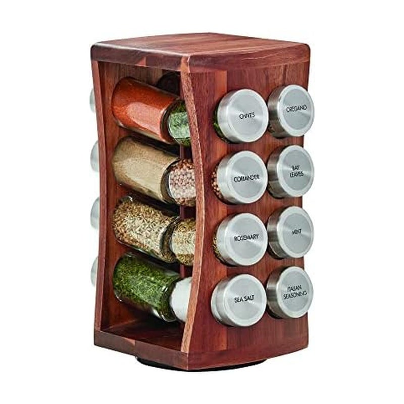 Kamenstein 16 Jar Hourglass Revolving Countertop Spice Rack with Spices Included, FREE Spice Refills for 5 years, Acacia with Stainless Steel Caps,Brown - Image 1