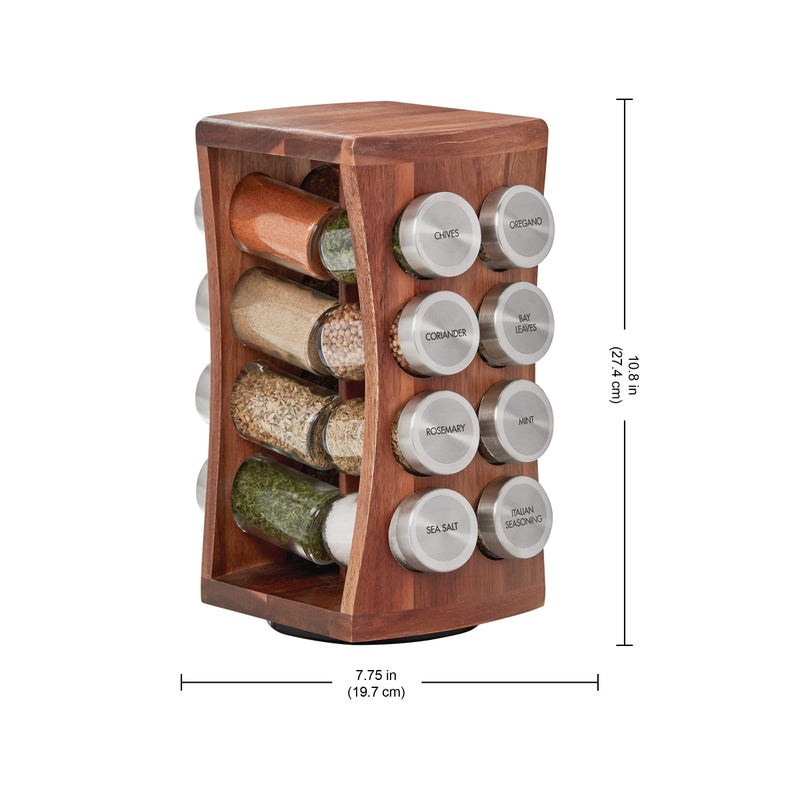 Kamenstein 16 Jar Hourglass Revolving Countertop Spice Rack with Spices Included, FREE Spice Refills for 5 years, Acacia with Stainless Steel Caps,Brown - Image 3