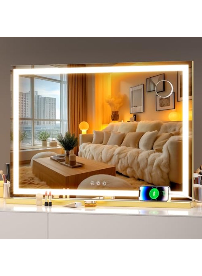Hasipu Vanity Mirror with Lights 28 x 20 LED Makeup Mirror Lighted Makeup Mirror with Dimmable 3 Modes Touch Screen Control Vanity Mirror Square Gold - Image 1