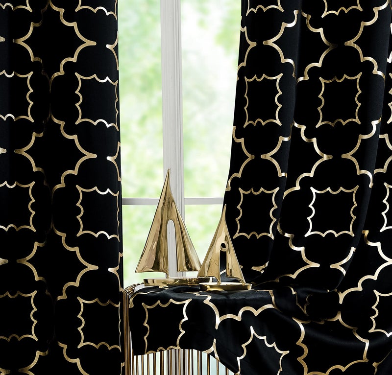Black Blackout Curtains for Bedroom Living Room with Gold Foil Print Panels Room Darkening Energy Saving Grommet 95 Blackout Drapes for Patio Hall Studio 2 Panels 52 Wx63 L
