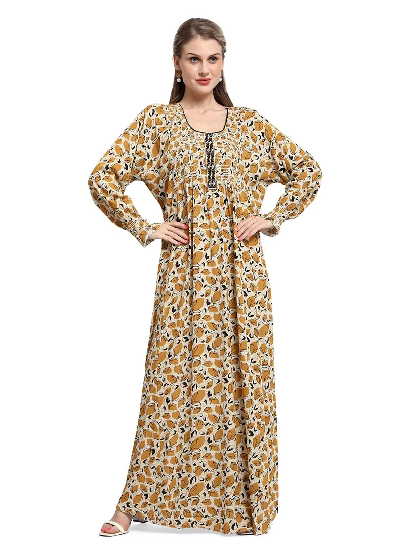 هانا آند سارا MULTICOLOUR PRINTED SMOCKED DESIGN CASUAL ARABIC KAFTAN JALABIYA DRESS