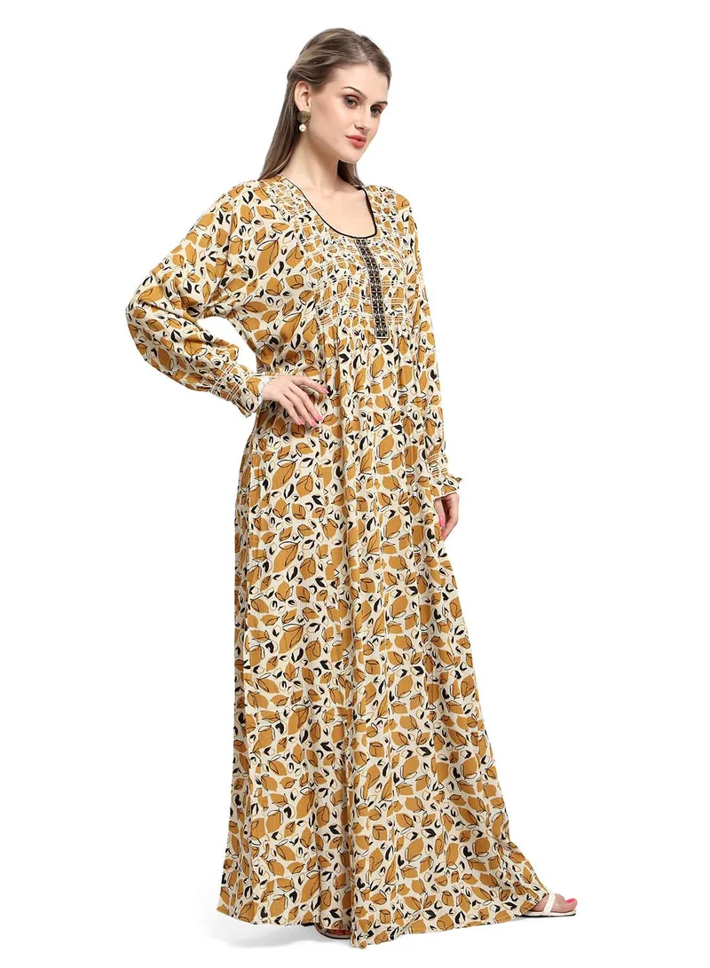 هانا آند سارا MULTICOLOUR PRINTED SMOCKED DESIGN CASUAL ARABIC KAFTAN JALABIYA DRESS