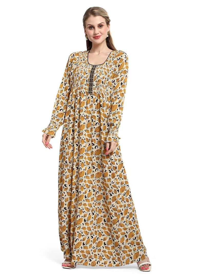 هانا آند سارا MULTICOLOUR PRINTED SMOCKED DESIGN CASUAL ARABIC KAFTAN JALABIYA DRESS