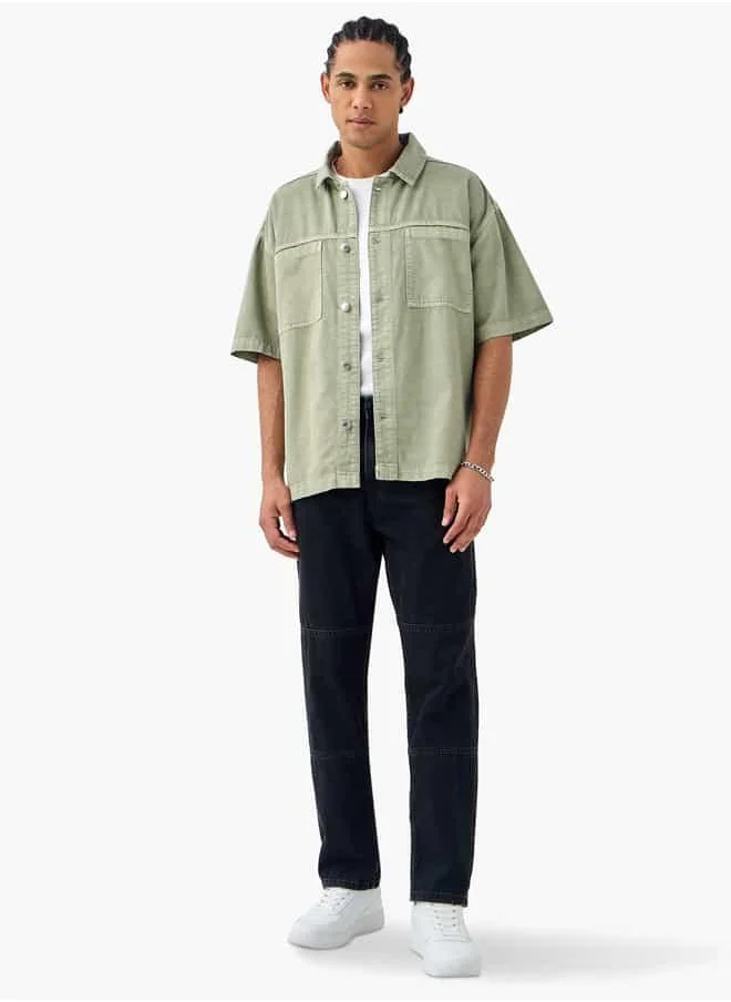 Lee Cooper Lee Cooper Relaxed Fit Textured Denim Shirt with Short Sleeves