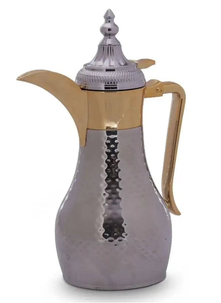 Alsaif Gallery Tameem Dallah Silver With Golden Handle And Chrome Cover Compressor Size 0.6 Liter ELEGANCE 