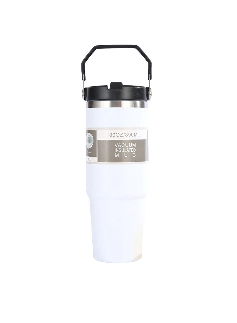 AROAQ Portable Insulated Cup, Handheld Double Layer Thermos Cup, Stainless Steel Thermos Tumbler With Straw And Handle, Durable And Reliable Vacuum Flask For Outdoor Sports Travel, (White) - Image 1