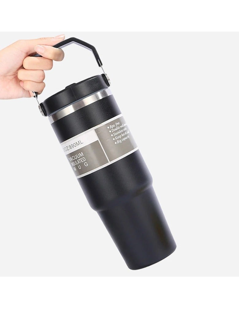 AROAQ Portable Insulated Cup, Handheld Double Layer Thermos Cup, Stainless Steel Thermos Tumbler With Straw And Handle, Durable And Reliable Vacuum Flask For Outdoor Sports Travel, (White) - Image 3