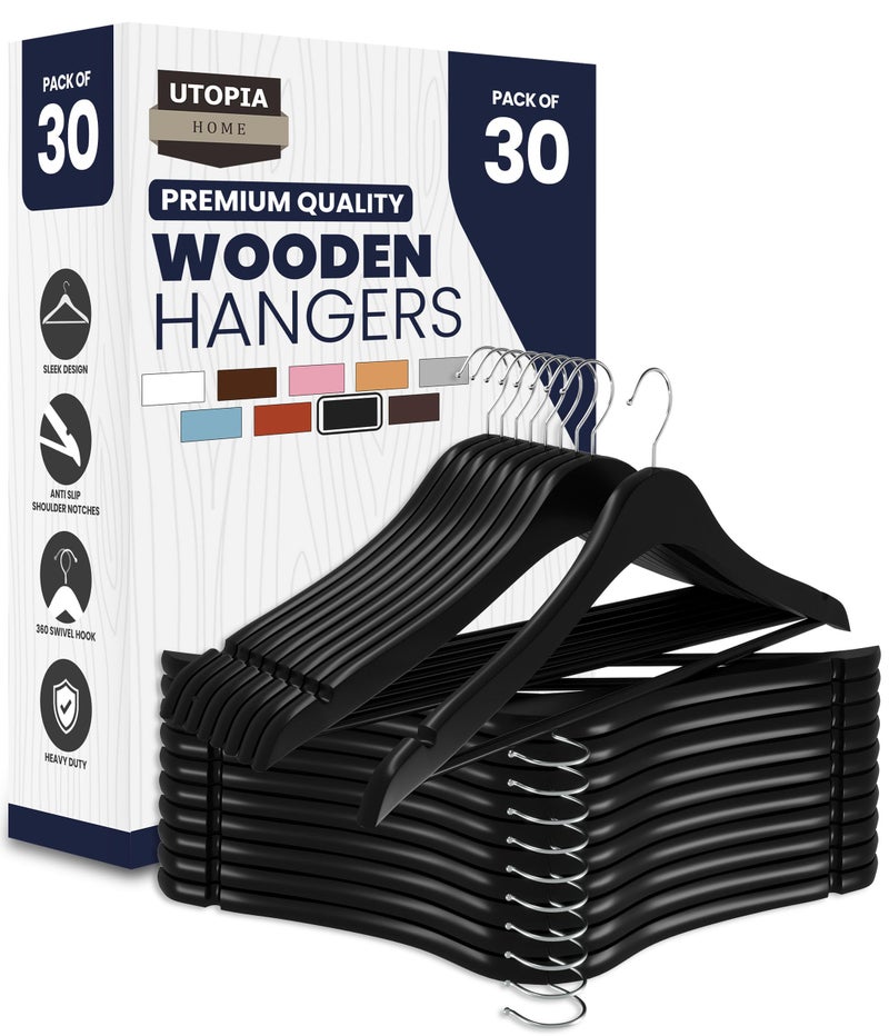 Utopia Home Premium Wooden Hangers 30 Pack - Durable & Slim Coat Hanger - Suit Hanger with 360-Degree Rotatable Hook - Wood Hangers with Shoulder Grooves (Black) - Image 1