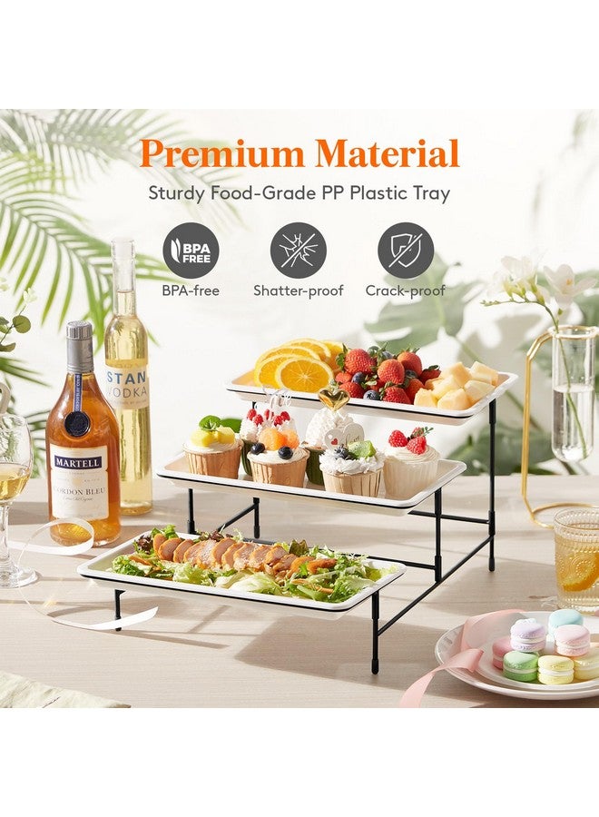 Lifewit Lifewit 3 Tier Plastic Serving Tray for Party Supplies, 12" x 6.5" Crack-Proof Platters for Serving Food, White Reusable Trays with Black Metal Display Stand for Veggie, Fruit, Cookies, Dessert - Image 4