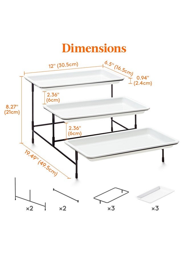 Lifewit Lifewit 3 Tier Plastic Serving Tray for Party Supplies, 12" x 6.5" Crack-Proof Platters for Serving Food, White Reusable Trays with Black Metal Display Stand for Veggie, Fruit, Cookies, Dessert - Image 2