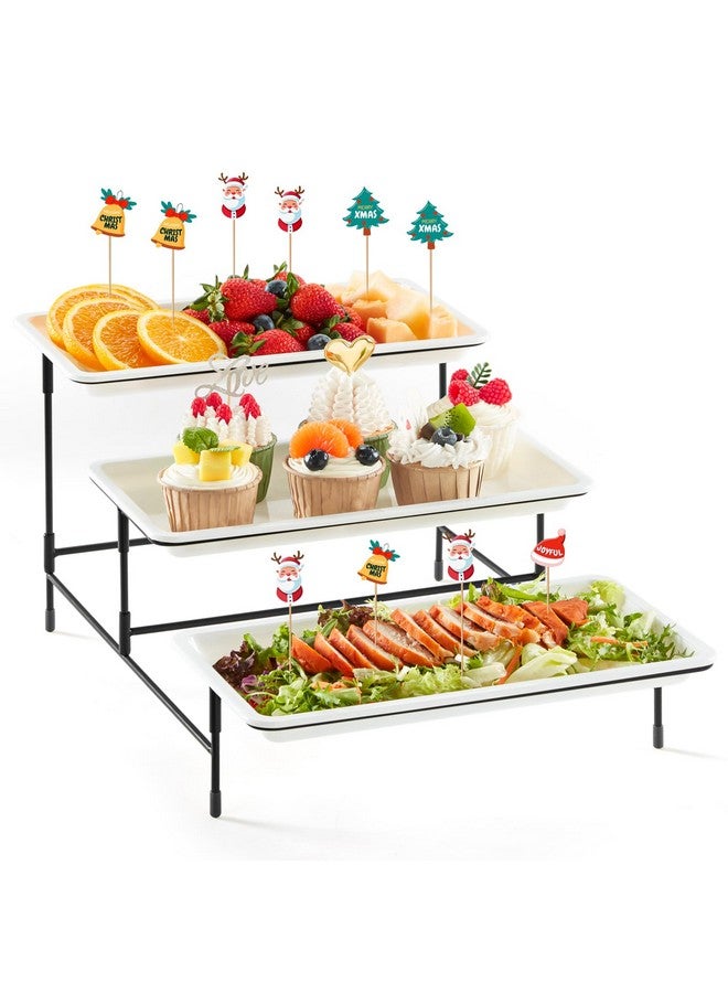 Lifewit Lifewit 3 Tier Plastic Serving Tray for Party Supplies, 12" x 6.5" Crack-Proof Platters for Serving Food, White Reusable Trays with Black Metal Display Stand for Veggie, Fruit, Cookies, Dessert - Image 1