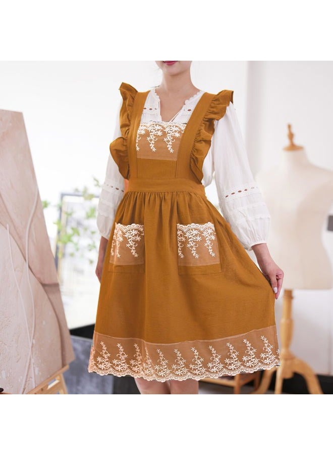 Aoomzoon Vintage Aprons for Women with Pockets Cute Lace Ruffle Adjustable Apron for Cooking Kitchen Baking Gardening, Orange Yellow, M - Image 2
