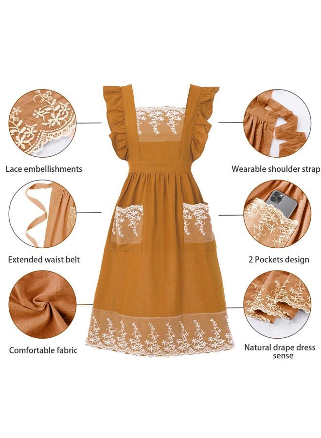 Aoomzoon Vintage Aprons for Women with Pockets Cute Lace Ruffle Adjustable Apron for Cooking Kitchen Baking Gardening, Orange Yellow, M - Image 4