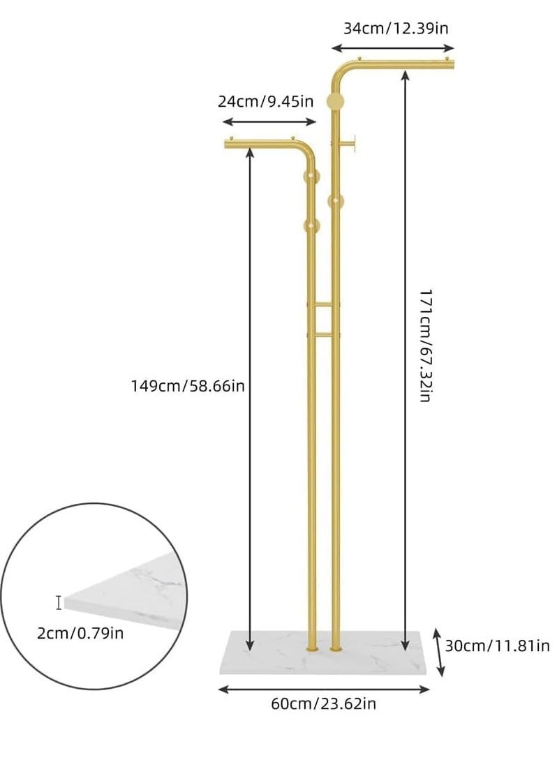 Loquat Metal Coat Rack Stand Sturdy Coat Racks Hanger Stand Gold Double Pole Clothing Rack with 5 Hooks and Heavy Granite Base Clothes Stand Hat Hanger for Bedroom Office Entryway 60x30.2x171cm - Image 2