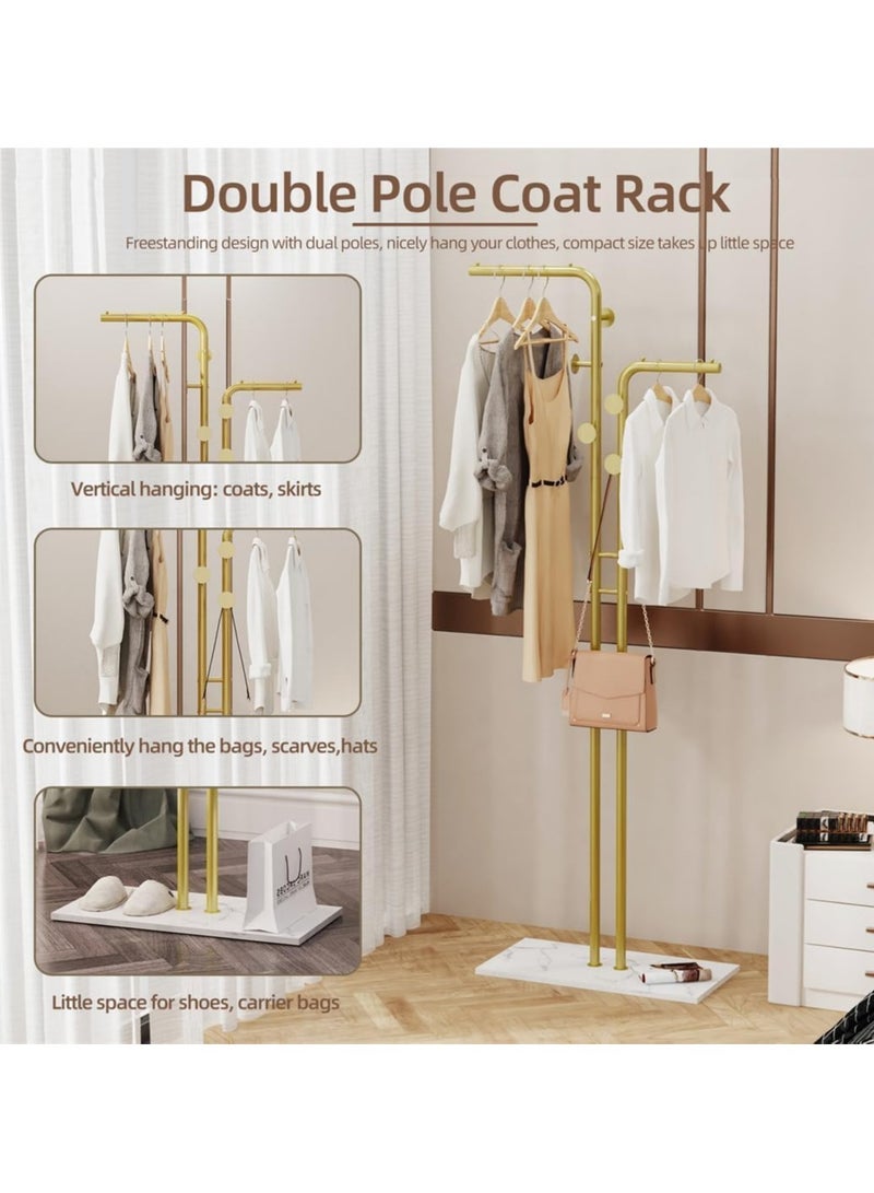 Loquat Metal Coat Rack Stand Sturdy Coat Racks Hanger Stand Gold Double Pole Clothing Rack with 5 Hooks and Heavy Granite Base Clothes Stand Hat Hanger for Bedroom Office Entryway 60x30.2x171cm - Image 5