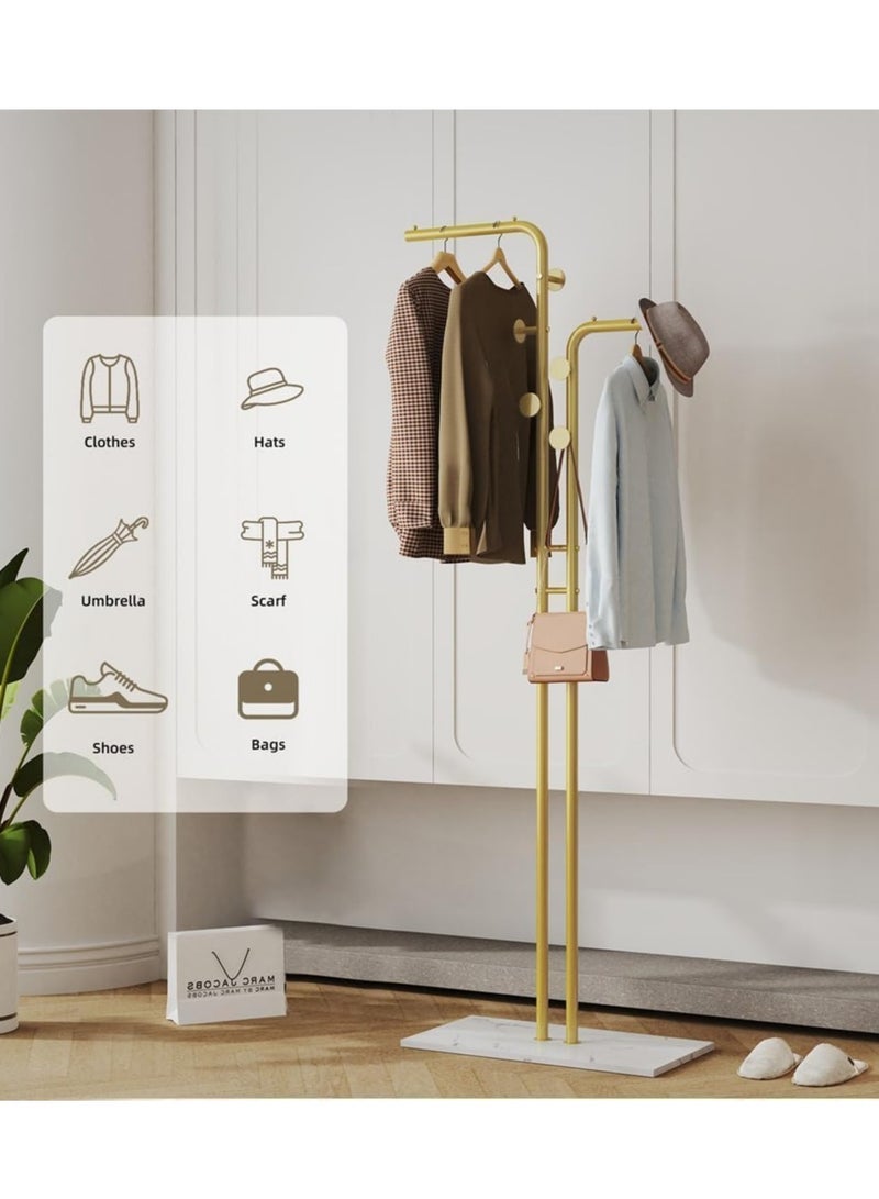 Loquat Metal Coat Rack Stand Sturdy Coat Racks Hanger Stand Gold Double Pole Clothing Rack with 5 Hooks and Heavy Granite Base Clothes Stand Hat Hanger for Bedroom Office Entryway 60x30.2x171cm - Image 4