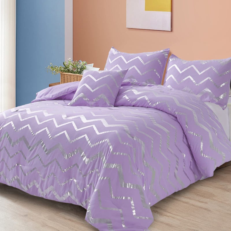 Menghomeus PurpleSilver Comforter Set Queen Size Lavender Metallic Print Glitter Bed Comforter Cute Shinny Bedding for Teen Girls Kids 4 Piece 2 Pillowcases 1 Decorative Pillow Sham