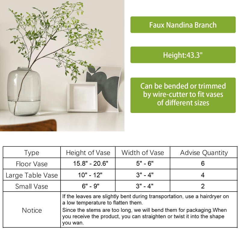 CEWOR 4pcs Artificial Plants Fake Greenery Branches for Vase, 43.3 Inch Green Nandina Long Steams for Tall Vase, Fake Plants Spring Stems for Wedding Garden Office Home DÃ©cor - Image 4