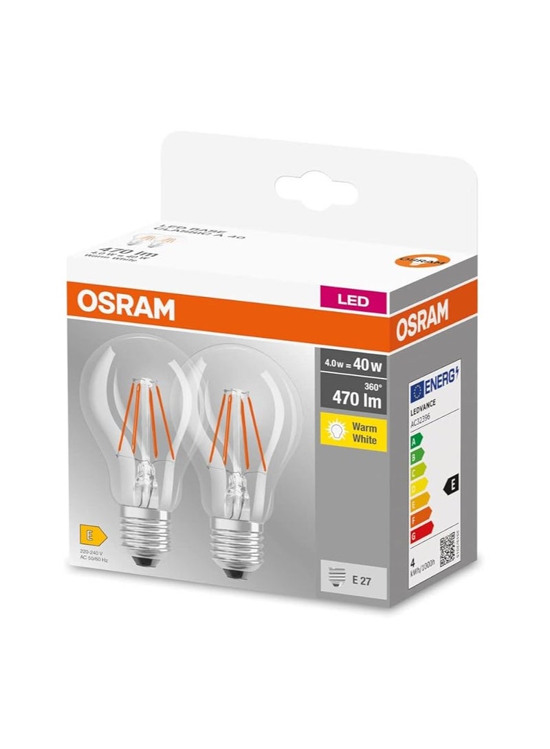 OSRAM Filament Retrofit Classic 4W LED Bulb, Screw base E27- 827 Warm White Lamp Pack Of 2 - Image 1