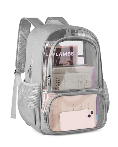 KIMNERPU Clear Backpack, Fabric & PVC Transparent Backpack with Reinforced Strap for Women Men, Heavy Duty Transparent Bookbag, Large Capacity Clear Bag, Travel, Security, Grey - Image 1