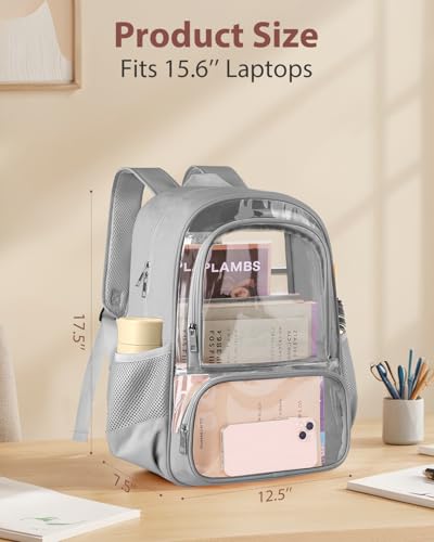 KIMNERPU Clear Backpack, Fabric & PVC Transparent Backpack with Reinforced Strap for Women Men, Heavy Duty Transparent Bookbag, Large Capacity Clear Bag, Travel, Security, Grey - Image 2