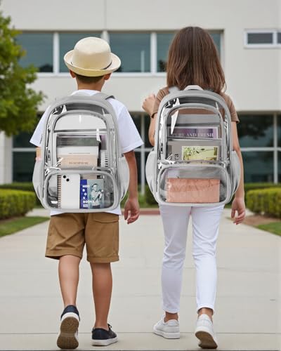 KIMNERPU Clear Backpack, Fabric & PVC Transparent Backpack with Reinforced Strap for Women Men, Heavy Duty Transparent Bookbag, Large Capacity Clear Bag, Travel, Security, Grey - Image 4