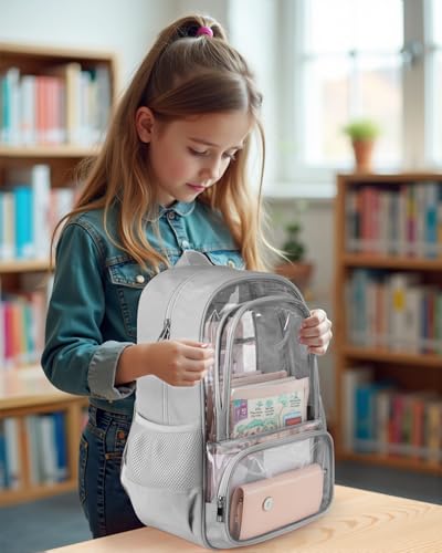 KIMNERPU Clear Backpack, Fabric & PVC Transparent Backpack with Reinforced Strap for Women Men, Heavy Duty Transparent Bookbag, Large Capacity Clear Bag, Travel, Security, Grey - Image 5