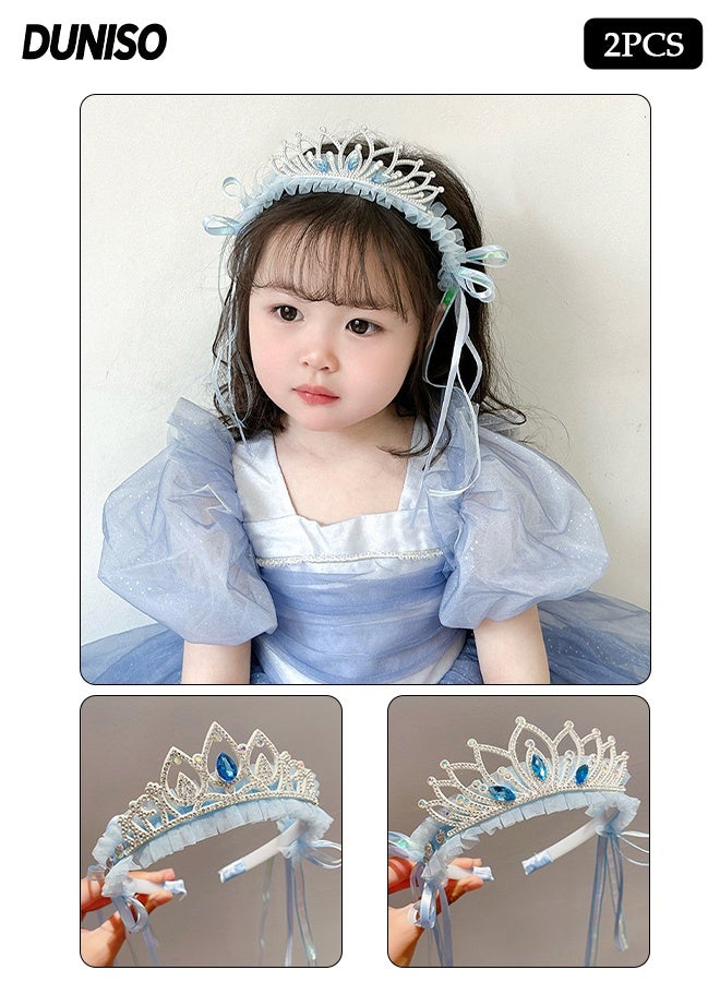 DUNISO طقم من 2 قطعة من عصابة الرأس على شكل تاج للفتيات، تاج أميرة مزين بالكريستال والدانتيل، عصابة رأس زرقاء لطيفة للفتيات الصغيرات، ملحقات شعر لحفلات عيد الميلاد وحفلات الزفاف والمهرجانات والفعاليات - Image 1