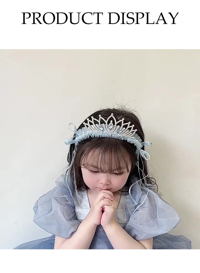 DUNISO طقم من 2 قطعة من عصابة الرأس على شكل تاج للفتيات، تاج أميرة مزين بالكريستال والدانتيل، عصابة رأس زرقاء لطيفة للفتيات الصغيرات، ملحقات شعر لحفلات عيد الميلاد وحفلات الزفاف والمهرجانات والفعاليات - Image 4