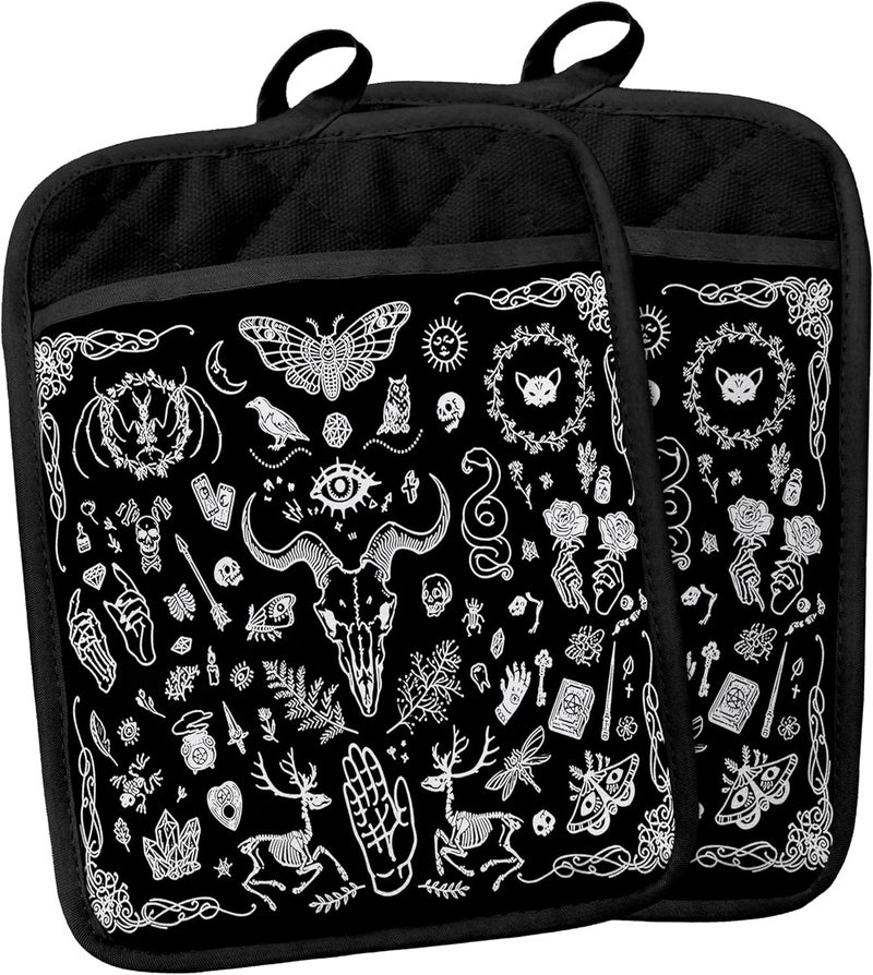 YeiHe Gothic Witchy Skull Pot Holders with Pockets, Witchy Gifts, Goth Black Pot Holders Heat Resistant Oven Mitts Hot Pads for Kitchen Baking Cooking,Potholders for Kitchens - Image 1