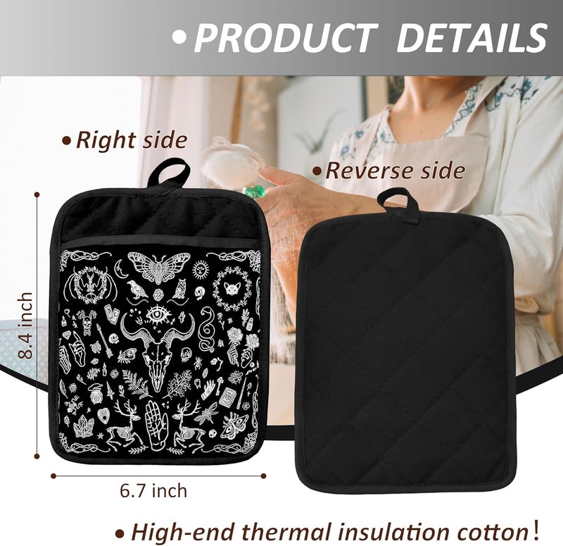 YeiHe Gothic Witchy Skull Pot Holders with Pockets, Witchy Gifts, Goth Black Pot Holders Heat Resistant Oven Mitts Hot Pads for Kitchen Baking Cooking,Potholders for Kitchens - Image 2