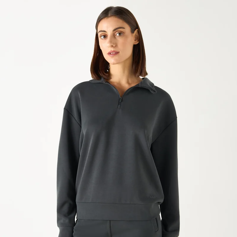 ADOT by Splash Solid High Neck Sweatshirt with Long Sleeves and Zip Closure