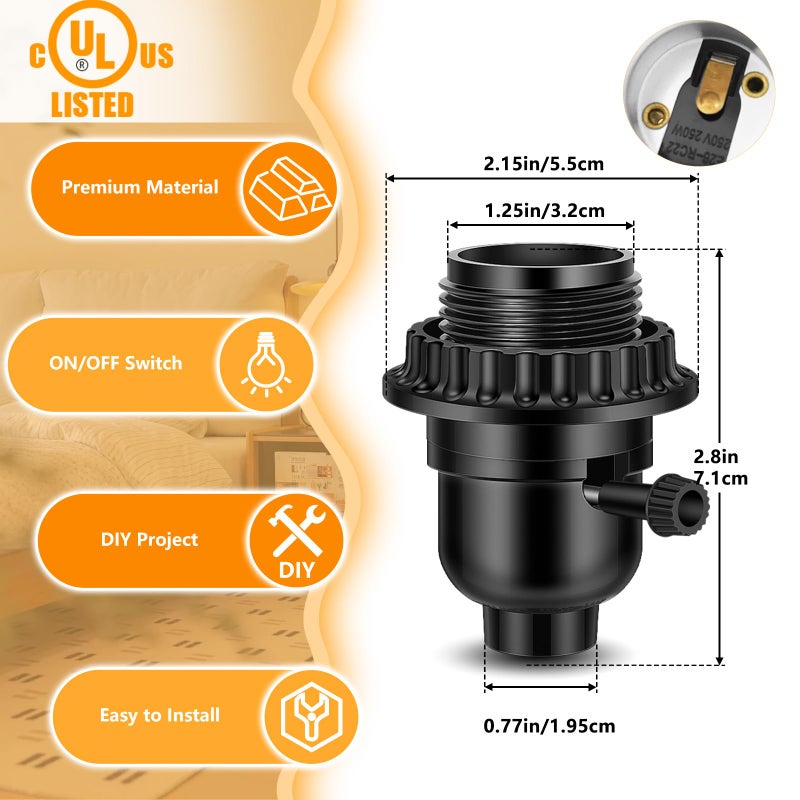 Aolloa UL Listed E26 Light Socket, Threaded Lamp Socket Replacement with ON/Off Switch Medium Base Lamp Parts with Lamp Shade Ring Ring for Table lamp, Floor lamp, Light Fixture, Black 1-Pack - Image 2