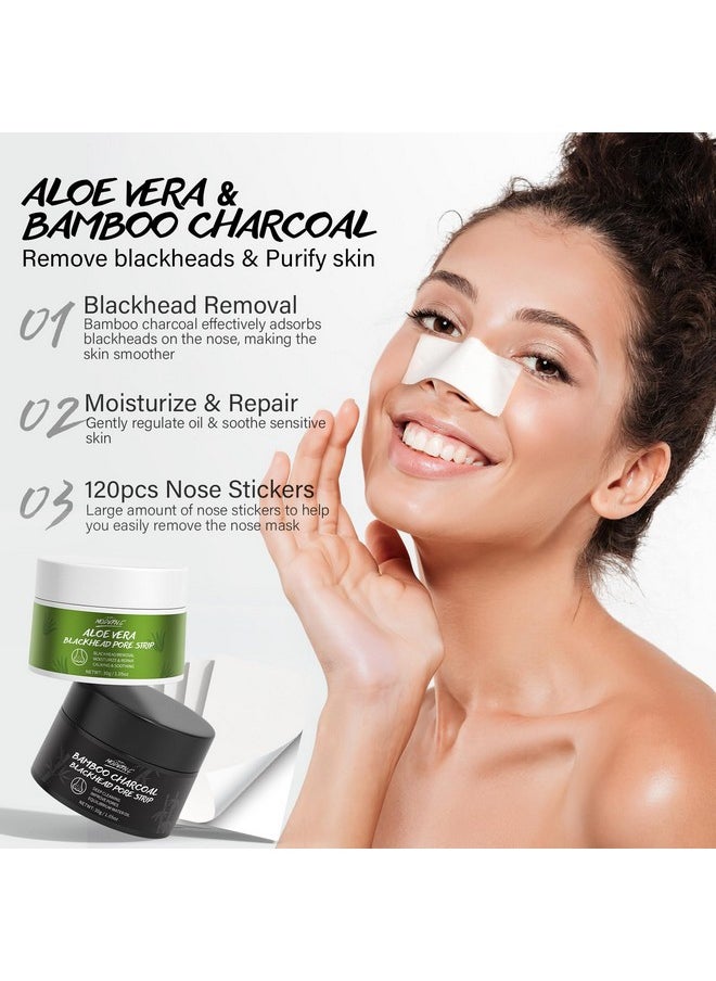 POP MODERN.C - Blackhead Pore Strip 2Pcs Aloe Vera Blackhead Remover Strip Bamboo Charcoal Nose Pore Strips Deep Cleaning Whitehead Strawberry Noses Blackhead Remover Face Mask Shrink Pores With 120Pcs Paper - Image 1