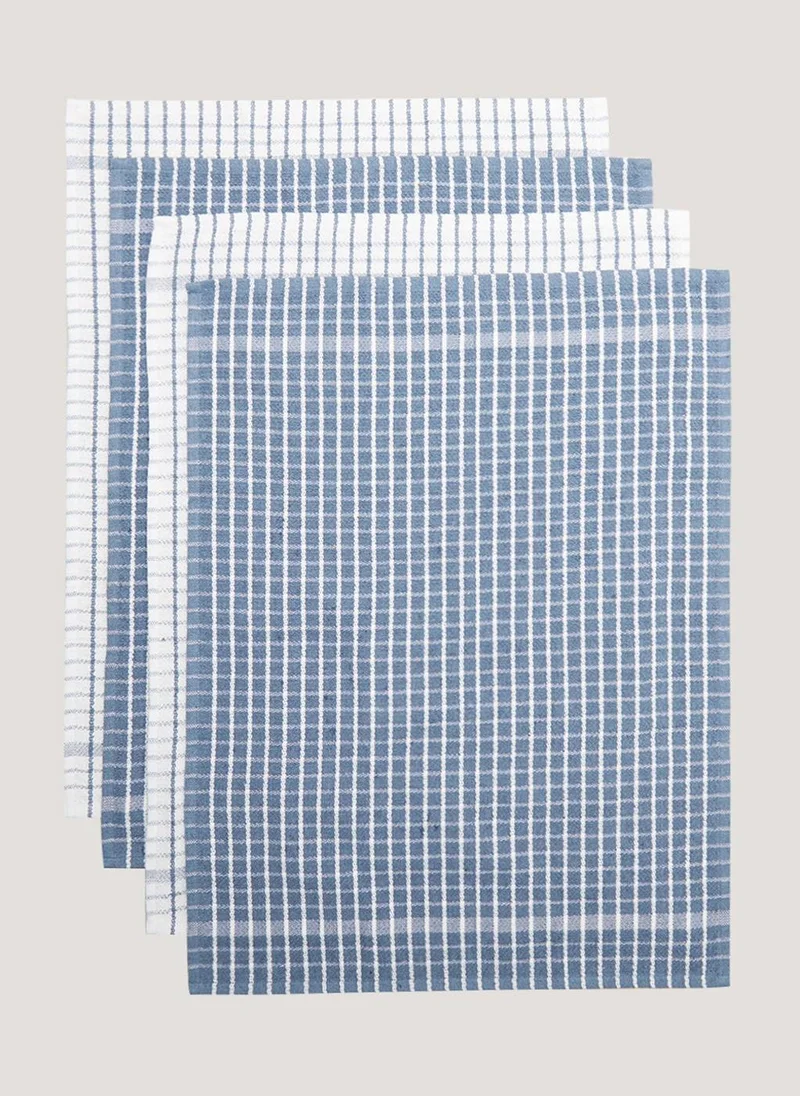 Matalan 4 Pack Blue Check Terry Tea Towels (60cm x 45cm)