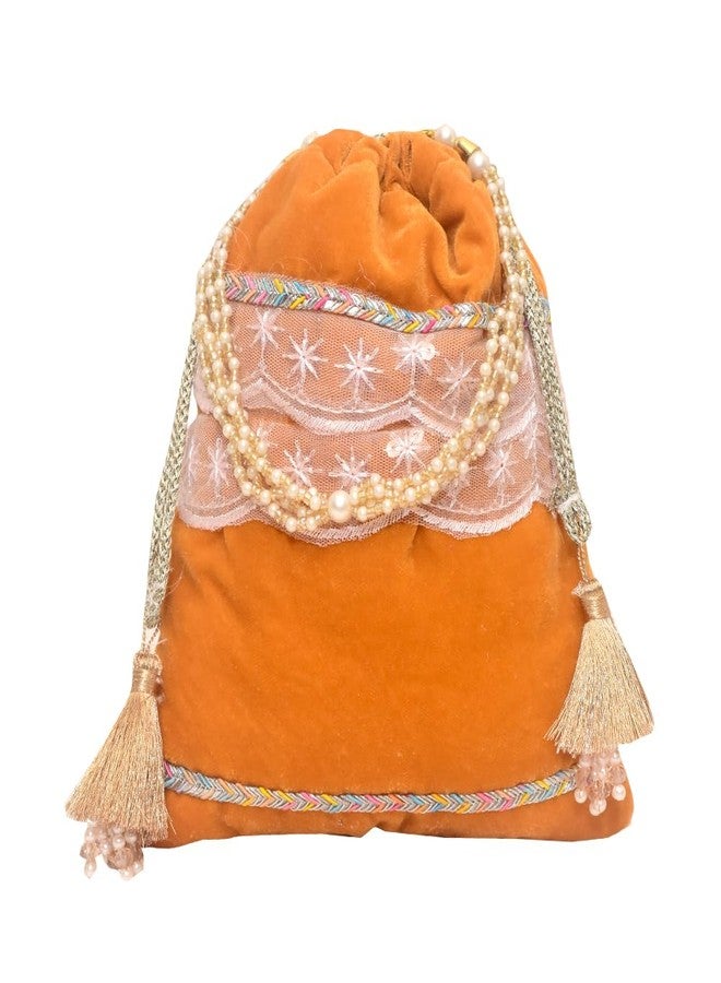 Dulhan Velvet Potli Bag with Pearl Handle | Sequin Tissue Lace Zari Tassels and Resham Dori | Dark Yellow Soft Padded Wedding Shagun Pouch for Return Gifts, Wedding, Winter and Festive Use-Pack of 1 - Image 1