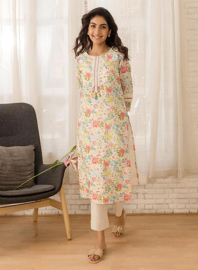 DW Floral Printed A-Line Kurta with Trousers and Dupatta Set by Styli