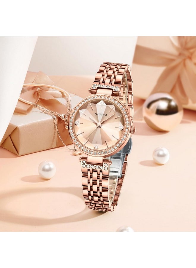 NIBOSI - NIBOSI Stainless Steel Women Watches Analog Rose Gold Square Dial Women's Watch For Girls&Miss&Ladies Diamond Studded With Stylish Watches Waterproof, Band Color-Rose Gold - Image 1