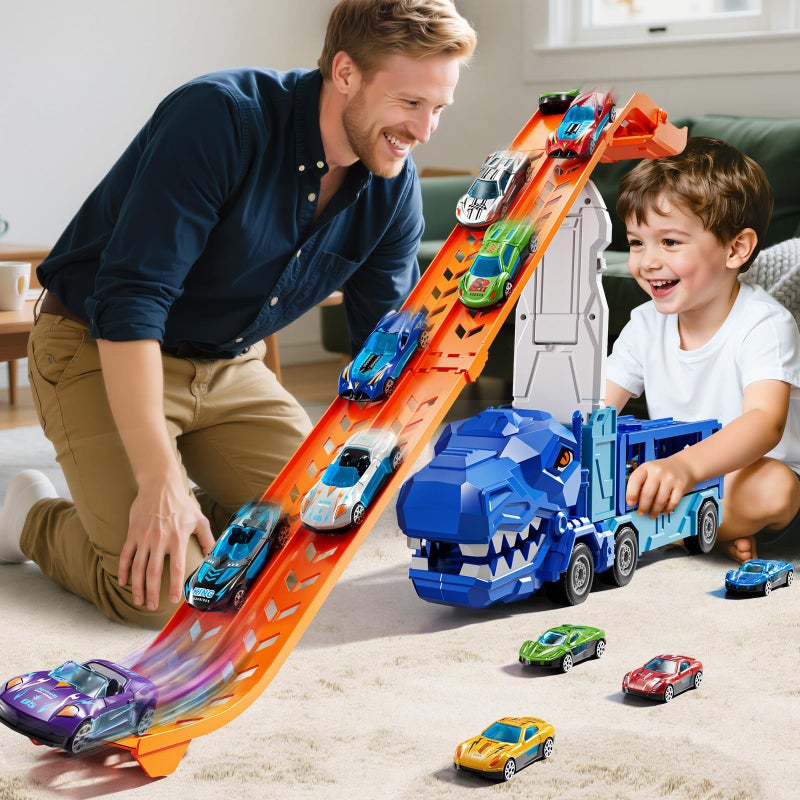 XINNOVEL Truck Toys Car Track Set for 3 4 5 6 Years Old Boys, Dinosaur Truck Transporter Car Race Track with 12 Die-Cast Racing Car Toys, Birthday Gifts for Toddlers Kids Girls Age 3 4 5 6 7 8 - Image 2
