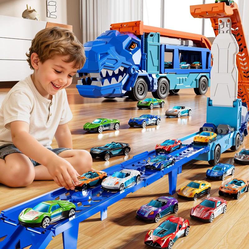 XINNOVEL Truck Toys Car Track Set for 3 4 5 6 Years Old Boys, Dinosaur Truck Transporter Car Race Track with 12 Die-Cast Racing Car Toys, Birthday Gifts for Toddlers Kids Girls Age 3 4 5 6 7 8 - Image 3