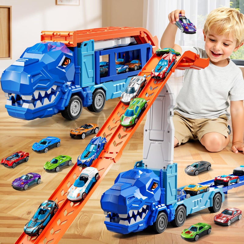 XINNOVEL Truck Toys Car Track Set for 3 4 5 6 Years Old Boys, Dinosaur Truck Transporter Car Race Track with 12 Die-Cast Racing Car Toys, Birthday Gifts for Toddlers Kids Girls Age 3 4 5 6 7 8 - Image 1