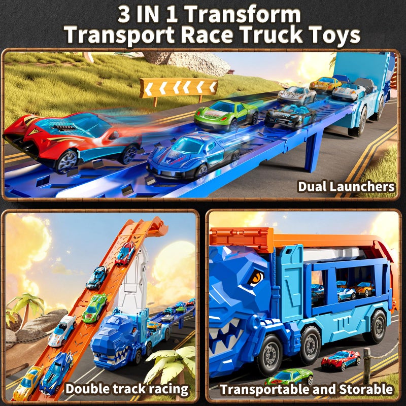 XINNOVEL Truck Toys Car Track Set for 3 4 5 6 Years Old Boys, Dinosaur Truck Transporter Car Race Track with 12 Die-Cast Racing Car Toys, Birthday Gifts for Toddlers Kids Girls Age 3 4 5 6 7 8 - Image 5