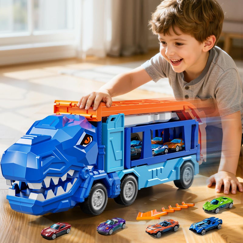 XINNOVEL Truck Toys Car Track Set for 3 4 5 6 Years Old Boys, Dinosaur Truck Transporter Car Race Track with 12 Die-Cast Racing Car Toys, Birthday Gifts for Toddlers Kids Girls Age 3 4 5 6 7 8 - Image 4