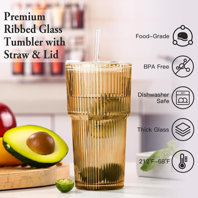 SIPBYSOP 4PCS Amber Ribbed Glass Cups with Lids and Straws, 20oz Vintage Drinking Glasses, Aesthetic Iced Coffee Cups, Glass Tumbler for Boba, Beer, Tea, Cocktails, Ribbed Glassware Set,Amber Brown Glass Cup - Image 2
