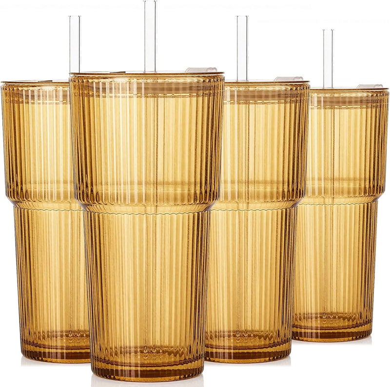 SIPBYSOP 4PCS Amber Ribbed Glass Cups with Lids and Straws, 20oz Vintage Drinking Glasses, Aesthetic Iced Coffee Cups, Glass Tumbler for Boba, Beer, Tea, Cocktails, Ribbed Glassware Set,Amber Brown Glass Cup - Image 1