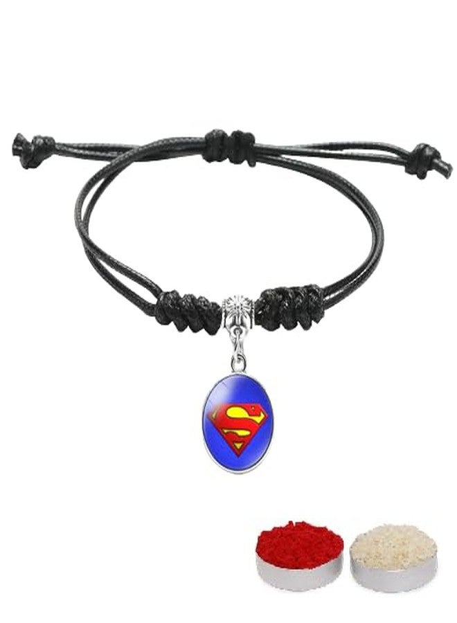 El Regalo 1PC Superhero Kids Rakhi- Fun Kids Bracelet Rakhi with Roli Chawal, Rakhi Message Card in Rakhi Gift Box for Little Bro/Sister/Niece or Nephew (Superman Black Rakhi)