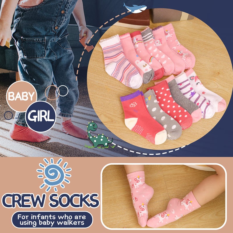 ANTSANG Baby Girls Toddlers Grips Socks Kids Non Slip/Anti Skid Unicorn Striped Crew Cotton Socks 12 Pairs Gift Stocking Stuffers (Girl's-Unicorn Pink(12 Pairs),3-5 Y) - Image 4