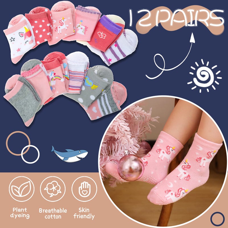 ANTSANG Baby Girls Toddlers Grips Socks Kids Non Slip/Anti Skid Unicorn Striped Crew Cotton Socks 12 Pairs Gift Stocking Stuffers (Girl's-Unicorn Pink(12 Pairs),3-5 Y) - Image 5
