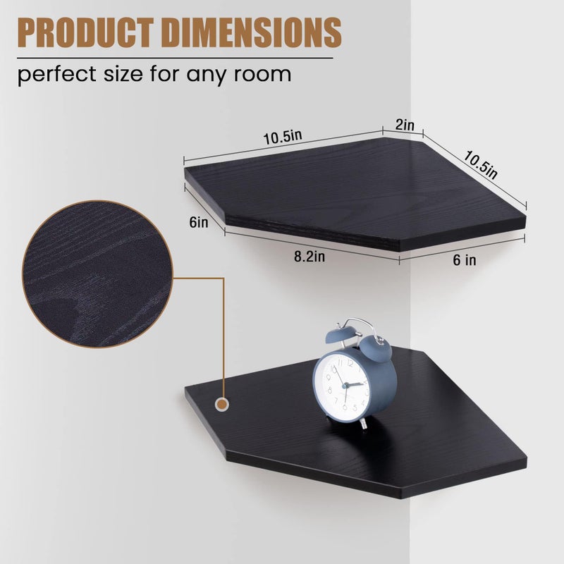 Fun Memories Corner Shelf Wall Mount, Floating Corner Shelves, Set of 2 Corner Wall Shelf Organizer, Rustic Wood Wall Storage Display Shelves for Living Room Bedroom Bathroom Kitchen, Classic Black - Image 2